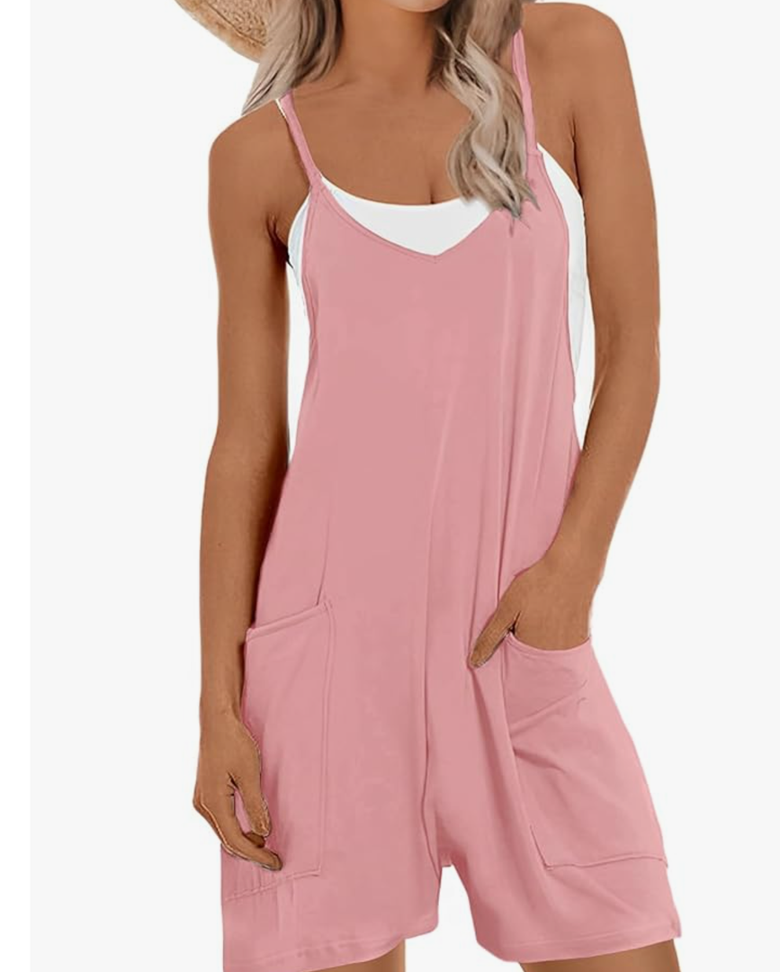 Muchpow Women's V Neck Sleeveless Romper Summer Casual Loose Spaghetti Strap Short Overalls Jumpersuit with Pockets L