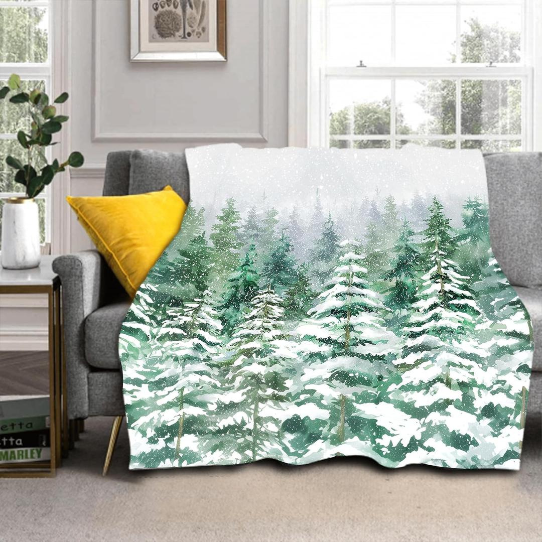 Christmas Blanket Soft Flannel Lightweight Green Pine Tree Forest Snowflake Throw Blanket Cozy Warm Blankets Xmas Winter Holiday Home Party Decor On Living Room Sofa Couch Bed 40x50 inch