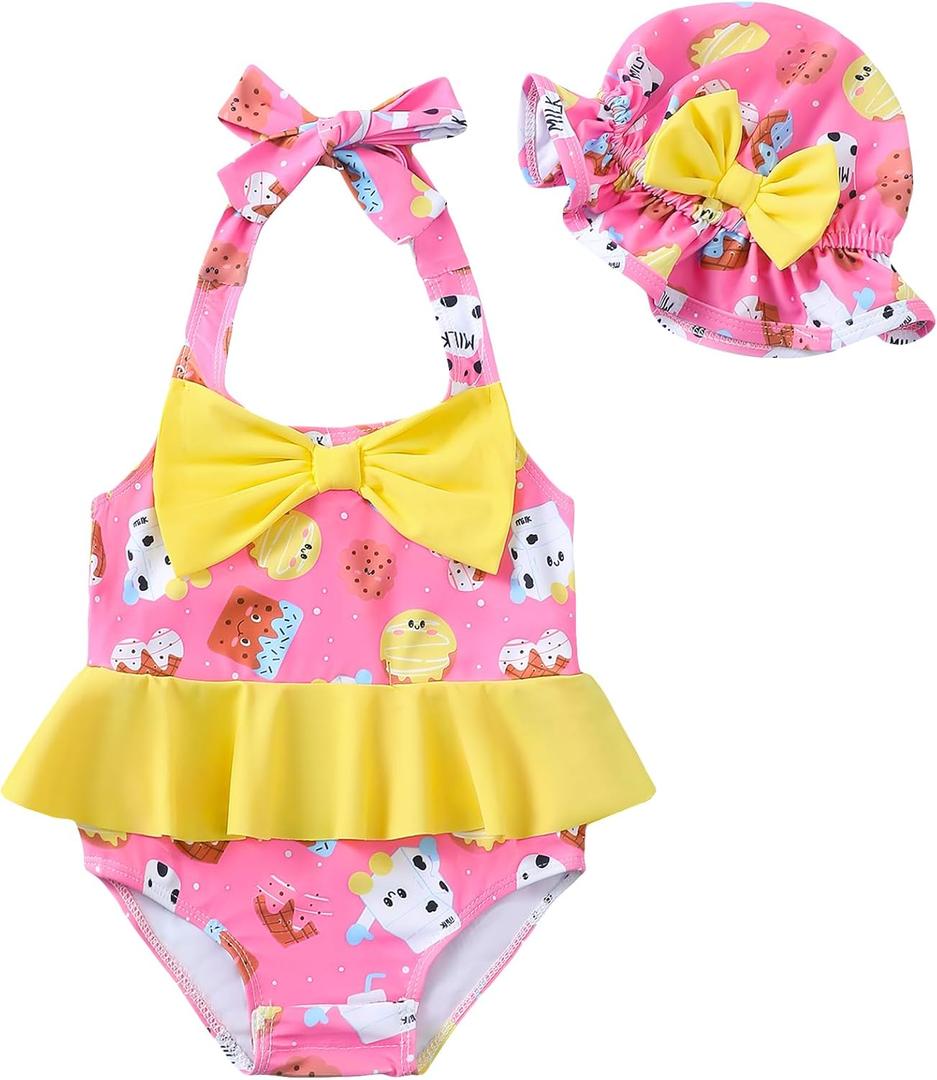 Kucnuzki Baby Girl Swimsuit Newborn One Piece Bathing Suit Bow Tie Bikini Tankini Infant Swimwear with Hat