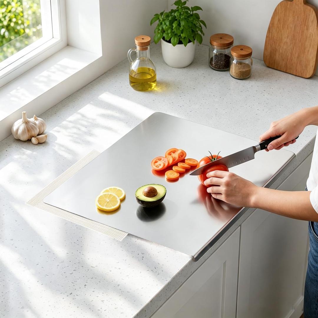 Stainless Steel Cutting Board with Lip for Kitchen，15.74"x19.68" Non-Toxic Metal with Anti-slip Mat Counter Large Chopping Board Set, Multiple Sizes Dishwasher Safe for Food Prep, 15.7"L x 19.7"W