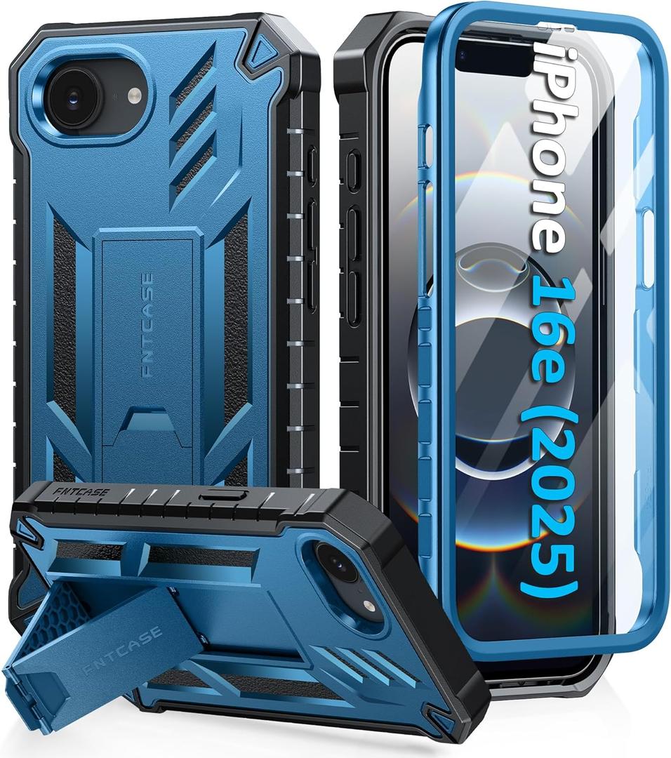FNTCASE for iPhone 16e Phone Case: Military Grade Drop Proof Protection Mobile Cover with Kickstand | Matte Textured Rugged Shockproof TPU | Protective Sturdy iPhone 16e Cases 2025 - Blue