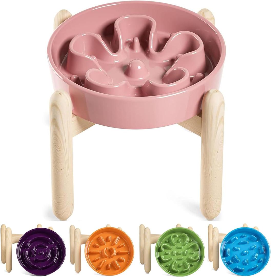 LE TAUCI Ceramic Slow Feed Dog Bowls, Elevated for Small and Medium Breed Dogs, Anti-Gulping Pet Feeding Dishes, Flower Pink, 1.5 Cups