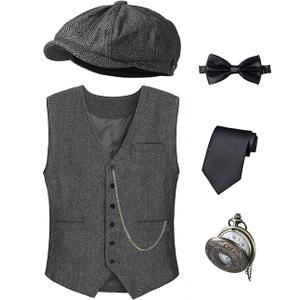 Kids 1920s Costume for Boys Vest Hat Pocket Watch Accessories Set Party Cosplay 2-14 Years