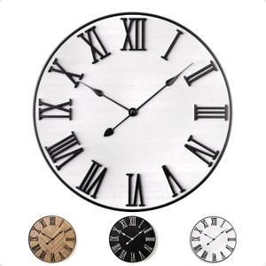 Large Wall Clock 24" Round - Silent Metal & Wood Large Farmhouse Wall Clock For Living Room Decor with 3D Roman Numerals - No Ticking - Noiseless Big Wood Decorative Clocks for Living Room Decor, White