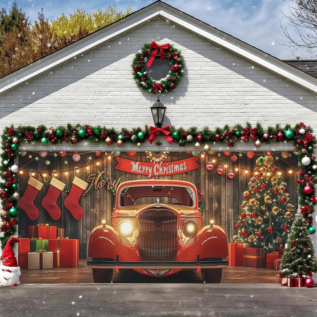Garage Door Christmas Cover - Christmas Retro Truck Garage Door Decorations, Large Hanging Banner,Garage Wall Decorations for Outdoor, Indoor, Wall, Xmas Holiday Supplies - 6 x 13 ft