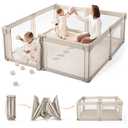 Sweeby Baby Playpen, 59x59 Inch Gate Foldable for Babies and Toddlers, Extra Large with Door Play Yard for Fence Indoor and Outdoor, Light Khaki