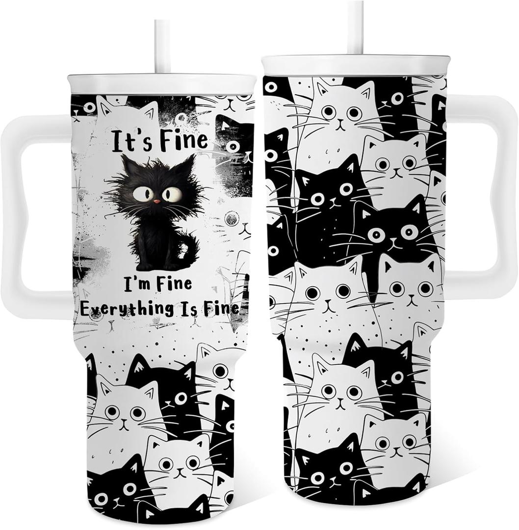 Cat Lover Gifts, Black Cats Tumbler 24 Oz with Handle Everything Is Fine I'm Fine, Cute Cats Themed Stuff Coffee Mugs, Funny Birthday Gifts for Cat Lovers Women Girls Mom