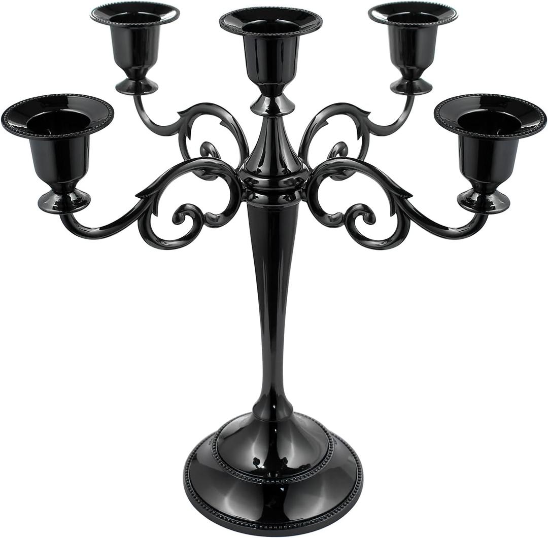 5-Candle Metal Candelabra 10.2 Inch Tall Candlestick Candle Holders for Home Decor Wedding Christmas Church Halloween Party, Black