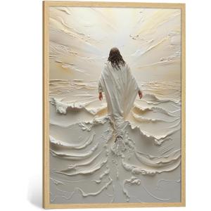 Jesus Walking on Water Wall Art Natural Wood Framed Religious Wall Decor Christian Paintings for Living Room Bible Verses Pictures for Bedroom Modern Christian Canvas Art 16x24 Inch