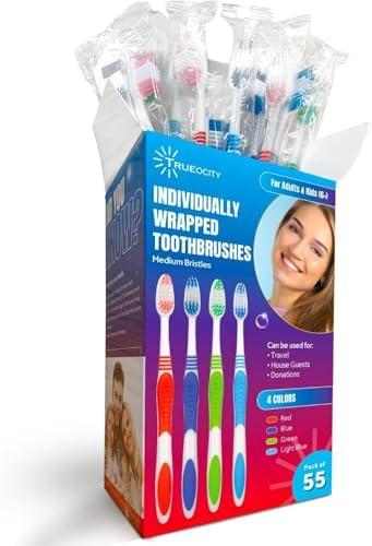 Trueocity Toothbrushes Bulk Individually Wrapped – 55 Pack Medium Bristle, Multi-Colored Toothbrushes for Adults and Kids, Travel & Hospitality Multi-Pack