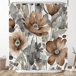 Pakena Boho Brown Grey Tan Floral Shower Curtain Watercolor Bohemian Flower Shower Curtains Set for Bathroom Retro Botanical Leaves Rustic Plant Curtain Decorative Bathroom Decor for Home 60x72 Inch