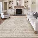 8x10 Washable Beige Area Rug Vintage Living Room Bedroom Carpet Non-Slip Soft Low Pile Distressed Indoor Large Throw Rug for Dining Room Office