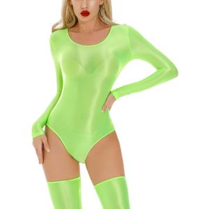 AUBIG Womens Shiny Oil Glossy Long Sleeve Leotard Stretchy Metallic Bodysuit Dance Leotard Club Lingerie (Large, Green)
