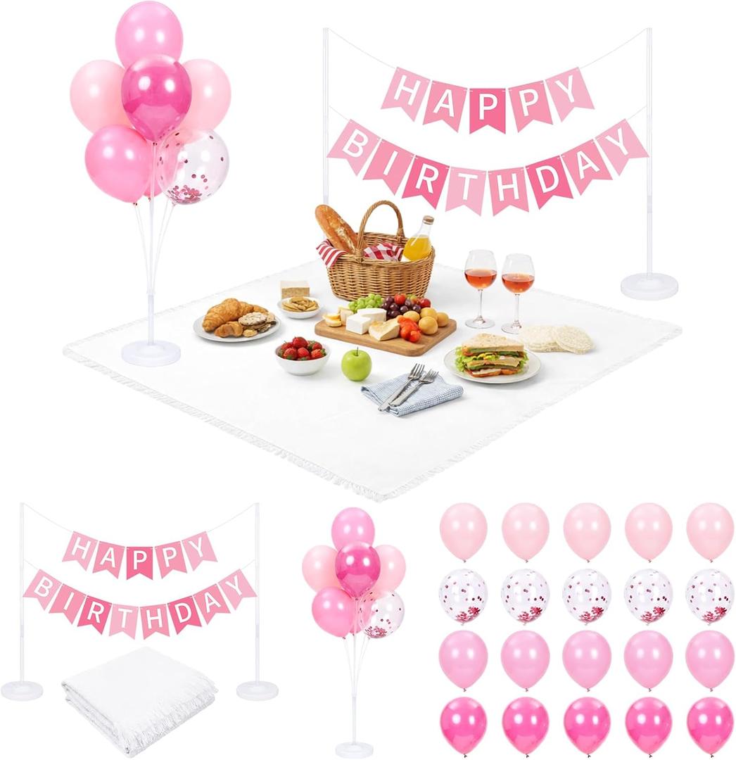 Thenshop Large Outdoor Picnic Blanket with Happy Birthday Banner Balloons Picnic Pink Birthday Party Decor Balloon Stand Kits for Camping Outdoor Backyard Party Decor(Pink)