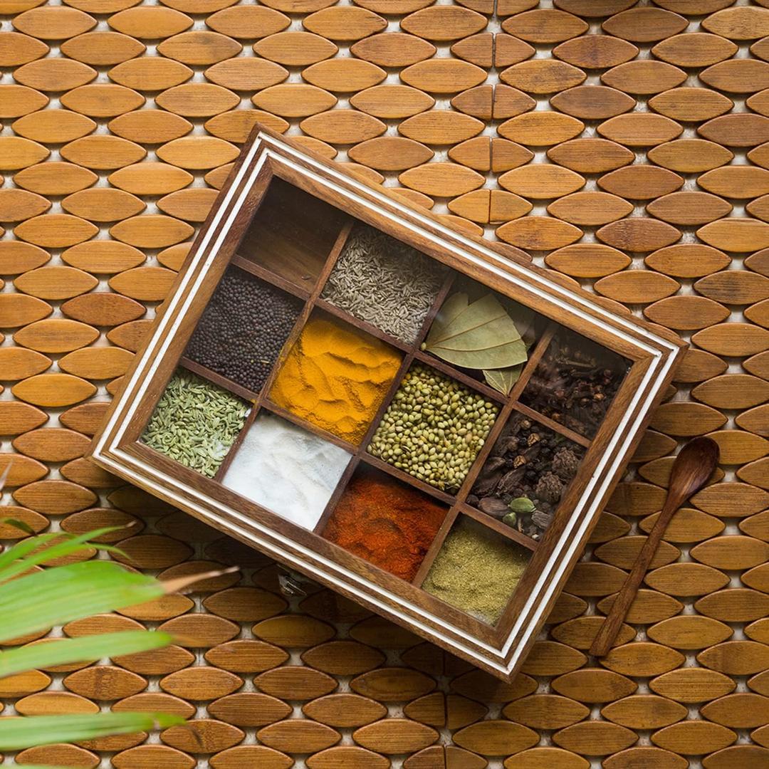 ExclusiveLane Wooden Indian Spice Box With Spoon (12 Compartments, 90 ML Each) - Masala Dabba Wooden Masala Box Namak Daani Sheesham Wood Spices Organizer Container Spice Boxes For Kitchen