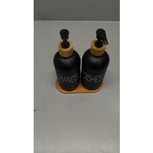 Glass Soap Dispenser Set. Hand and Dish with Bamboo Tray. Vintage Pump for Kitchen Sink Bathroom. Stylish Permanent Labels (Matte Black)