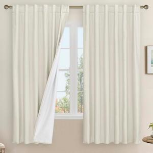 LAMIT 100% Blackout Natural Polyester Curtains, 68 Inches Linen Textured Thermal Bedroom Curtains Back Tab and Rod Pocket Neutral Panels with White Liner for Farmhouse, 2 Panels, 52 x 68 Inch, Ivory