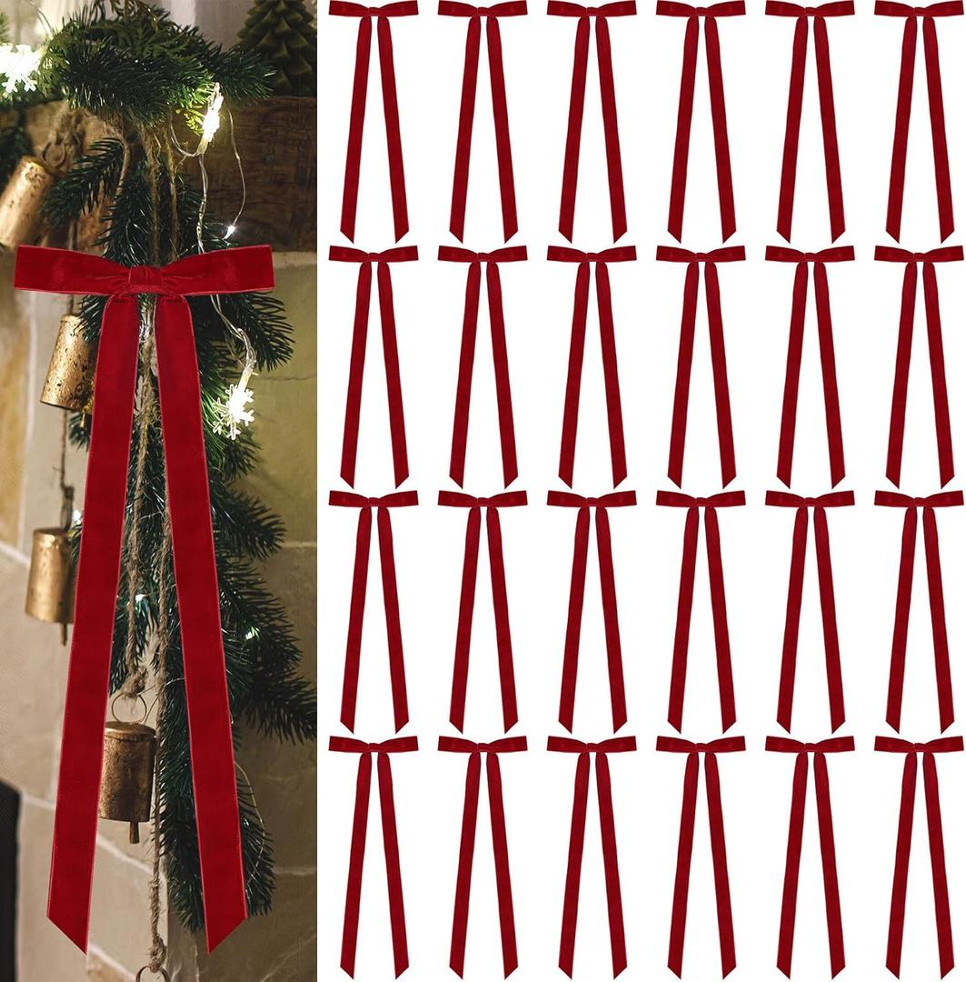 24 Pcs Christmas Velvet Bows, 16 x 6 Inch Velvet Christmas Wreath Bows Rustic Crafts for Xmas Home Decor Wedding (24 Pcs Wine Red, 16" x 6", Width of 1")