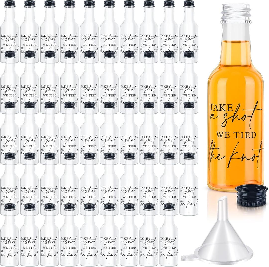 Bokon 50 Pcs Mini Wedding Liquor Bottles Take a Shot We Tied The Knot Shot Glasses for Guests 1.7 Fl Oz/ 50 ml Plastic Reusable Empty Bottle with Cap Funnel Acrylic Mini Glasses for Bridal (Black)