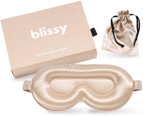 Blissy Silk Sleep Mask Profile - 100% Pure Mulberry Silk 22 Momme 6A Fibers Silk Eye Sleeping Mask for Women & Men for Total Blackout - Blindfold Silk Sleep Mask Side Sleeper Eye Cover (Champagne)