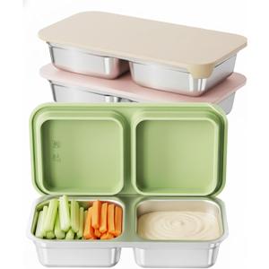 3 Pack Stainless Steel Snack Containers, 2 Compartment Reusable Snack Containers with Silicone Lids for Travel, Outdoor, Camping, Freezer & Dishwasher Safe