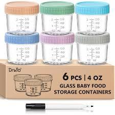 DRKIO 6 Pack Glass Baby Food Storage Containers  4 Oz Baby Food Jars with Lids Baby Food Maker Microwave Dishwasher Freezer Safe 100% Leak Proof BPA Free Reusable