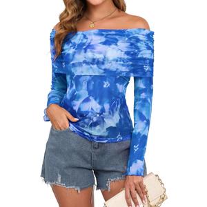ZAFUL Women's Sexy Off The Shoulder Mesh Tops Sheer Stretchy Shirts Party Going Out Blouse (Blue, S)