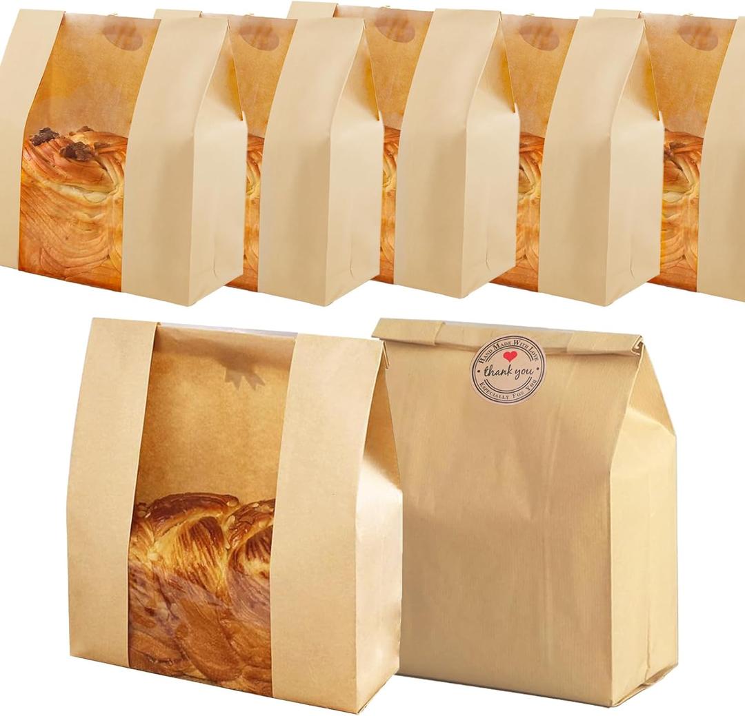 Pack of 35 Paper Bread Bags for Homemade Bread, Paper Bakery Bag for Baked Food Packaging Storage, Large Kraft Paper Bread Loaf Bag with Window Label Seal Sticker included Pack of 35,12.5x8.3x4 Inches