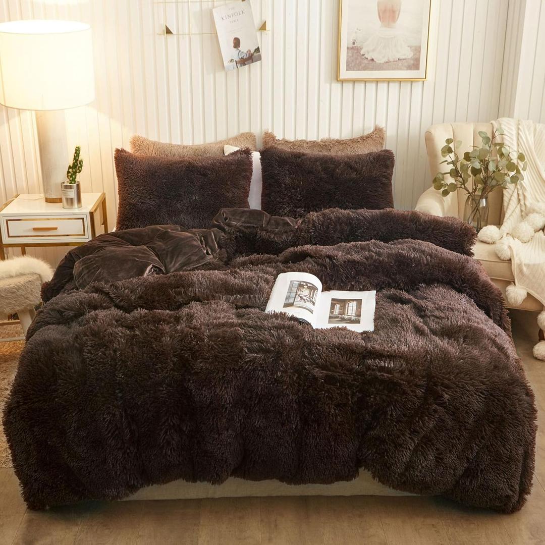 XeGe Plush Shaggy Brown Duvet Cover Set, Luxury Ultra Soft Velvet Fluffy Bedding Sets 3 Pieces(1 Furry Faux Fur Comforter Cover + 2 Fuzzy Faux Fur Pillowcases), Zipper Closure(King, Coffee)