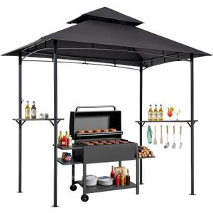 VEVOR Grill Gazebo, 8 x 5 ft Outdoor BBQ Gazebo with Double-Tiered Roof, Powder-Coated Steel Patio Grill Shelter with 2 Side Shelves & 8 Hooks, Grilling Canopy for Patio Backyard Garden Picnic