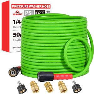 YAMATIC Super Flexible Pressure Washer Hose 50FT for Power Washer Replacement, Kink Resistant Extension With Leak-Free M22 Female & 3/8" Quick Connect Adapters, 1/4" 3200 PSI, Green