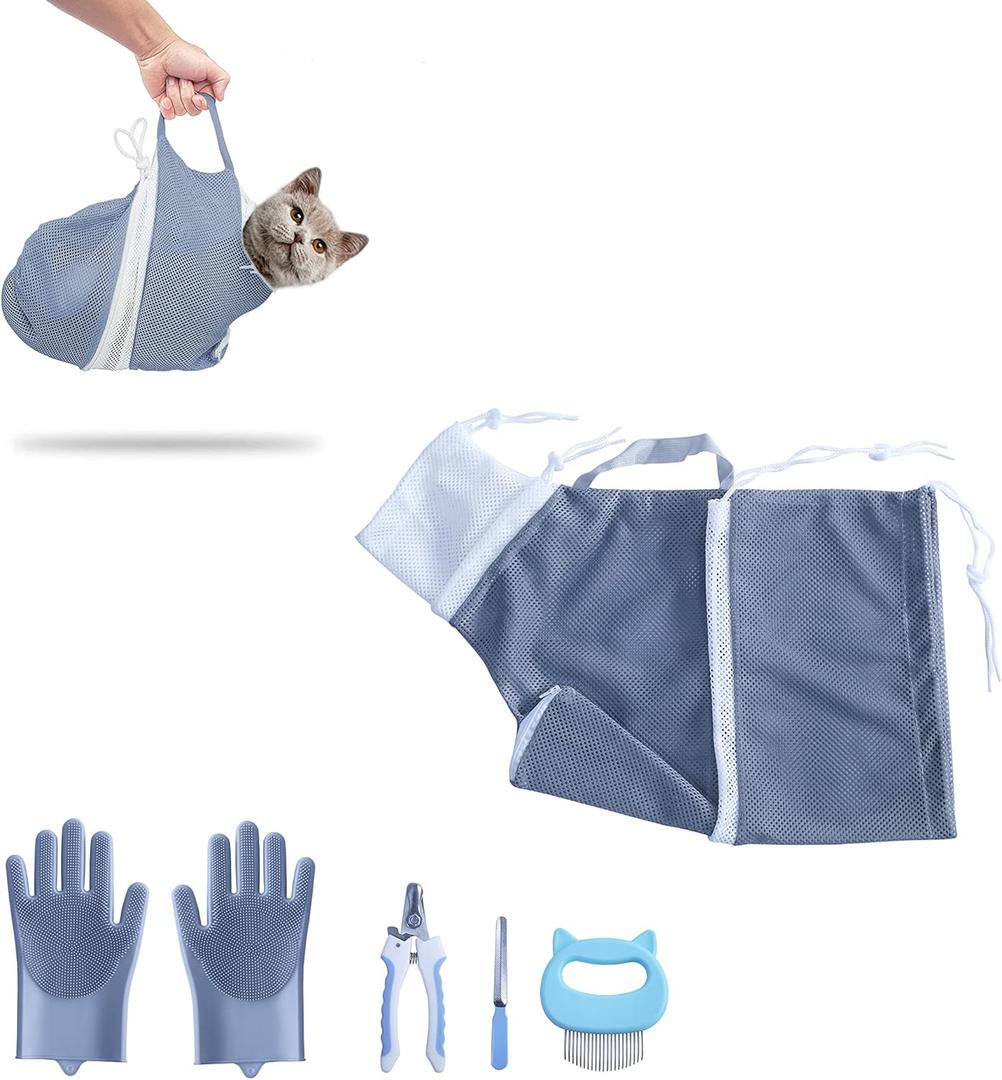 KlerRoem Cat Bathing Bag, Adjustable Anti-bite and Anti-Scratch Shower Mesh Grooming Bag for Pet Dogs, Includes Pet Nail Clipper, Nail File, Grooming Glove, and Cat Shell Comb (Grey Set)