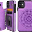 Vaburs Compatible with iPhone 11 Case Wallet with Card Holder, Embossed Mandala Pattern Flower Premium PU Leather Double Magnetic Buttons Flip Shockproof Protective Cover for 6.1 Inch, (Purple)