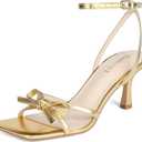 Goderci Kitten Heels with Bow Strappy Heels for Women Square Open Toe Mid Heeled Sandals (8, Gold)