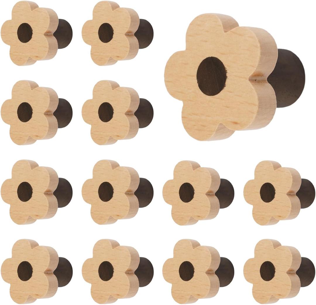 MOROBOR 12pcs Flower Shaped Wooden Knobs Single Hole Beech Wood Handles Cupboard Cabinet Pulls for Chest of Drawers with Screws& Expansion Tube (4CM)