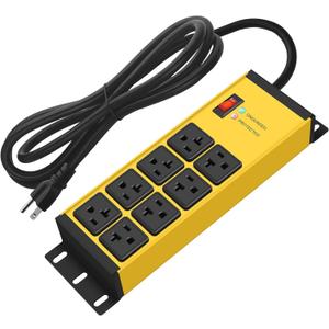 CCCEI Magnetic Heavy Duty Power Strip Surge Protector 20Amp, 12 Gauge High Amp Extension Outlets, Garage Wall Mount 8 Plug Metal Power Strip. 6FT, Yellow, 5-15P Adapter 6-20R T-Slot 20a for Appliance