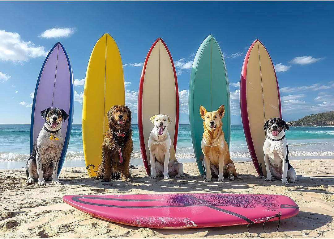 Surfing Dogs Party 1000 Piece Puzzle for Adults Clearance, Fun Puzzles for Adults 1000 Pieces with HD Print & Poster, 27.5" X 19.7" Dust Fre, for Gifts Halloween Christmas Family Games Lovers