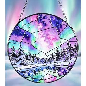 Stained Glass Window Hanging Suncatchers with Aurora Borealis 12.6", Winter Landscape Glass Panel with Metal Chain for Home Decor Gift for Women Mother's Day, Birthday, Men, and Mom