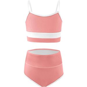 Haloumoning Girls Swimsuits Bikini Set Adjustable Straps Two Piece Color Block Girls' Swimwear with Chest Pad 5-14 Years (9-10 Years, Light Pink)