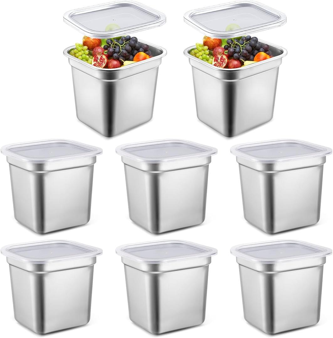 8 Pcs 1/6 Size Hotel Steam Table Pans with Lids, Stainless Steel Food Containers and PP Plastic Covers, Anti-clogging Steamer Pans for Buffet, Catering, Restaurant, and Food Prep(6" Deep)
