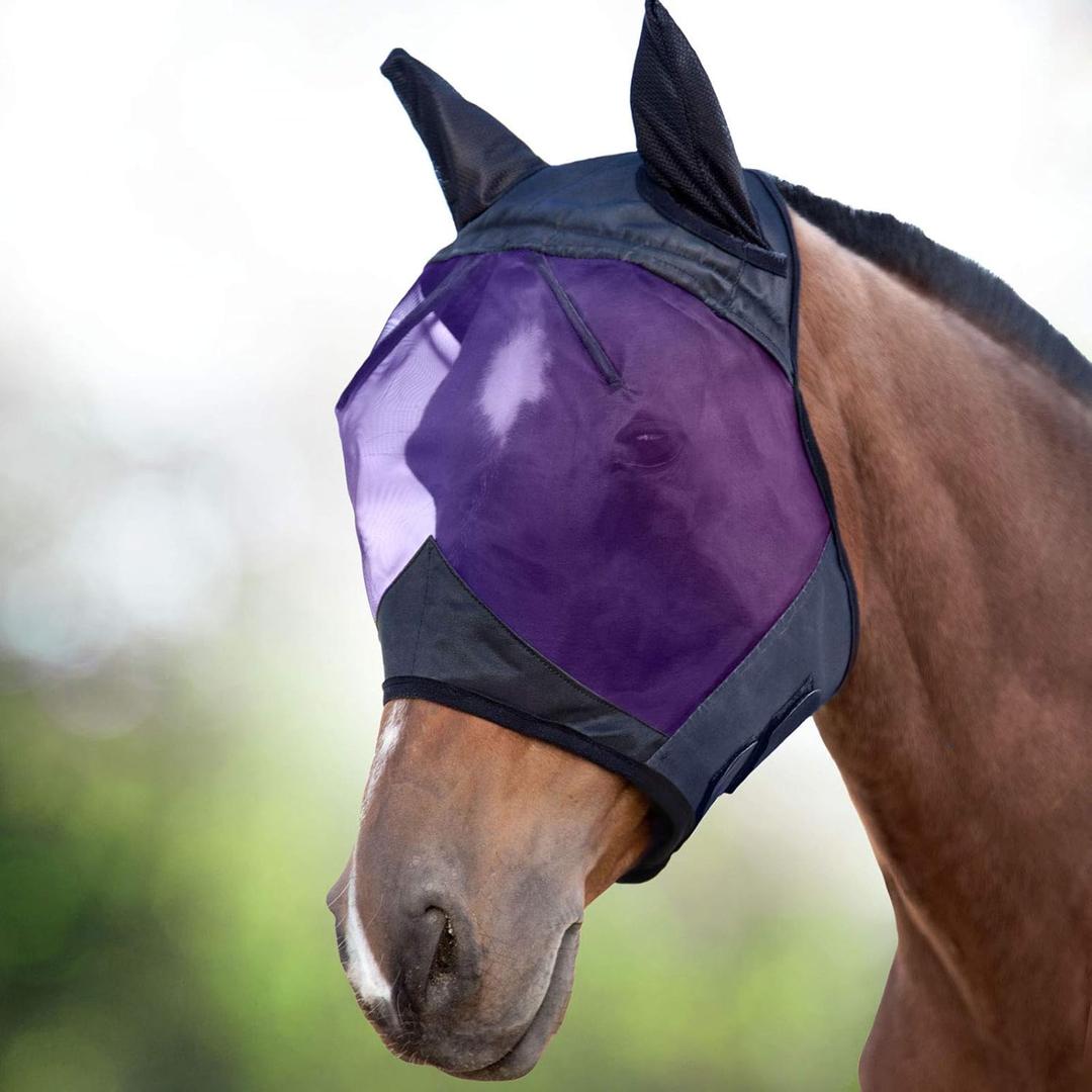 Harrison Howard CareMaster Horse Fly Mask Half Face with Ears Black/Purple Retro Medium Cob M
