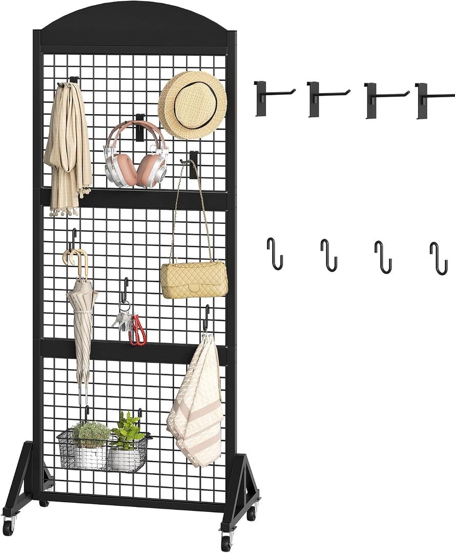 CHOEZON Grid Wall Panel 5.7’ x 2’ FT Grid Display Rack, Movable Gridwall Display Stand with Wheels, Sturdy Floorstanding Wire Grid Rack with 4 S-Shaped Hooks and 4 Garment Hooks, Black TCJ17BB