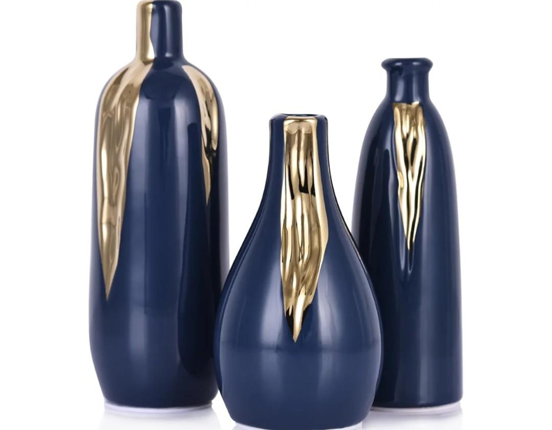 Blue and Gold Mini Ceramic Vase Set of 3, Small Ceramic Vase Set for Decorative, Bud Vases for Centerpieces Nightstand Kitchen, Boho Farmhouse Home Coffee Table Tray Decor