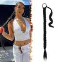 BARSDAR 30 Inch Long Braided Ponytail Extension for Women - Straight Sleek Wrap Around Black Braid Ponytail Hair Extensions with Hair Tie - Synthetic Pony Tails Hairpieces - Jet Black