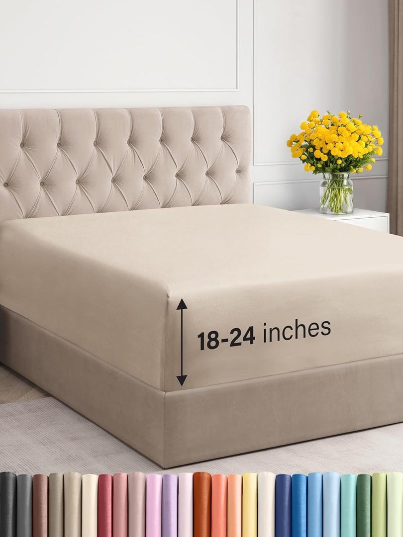 Extra Deep King Fitted Sheet - Hotel Luxury Single Fitted Sheet Only - Easily Fits 18 inch to 24 inch Mattress - Ultra Soft, Wrinkle Free w/Extra Deep Pockets - Easy-Care, Breathable & Comfy - Wheat
