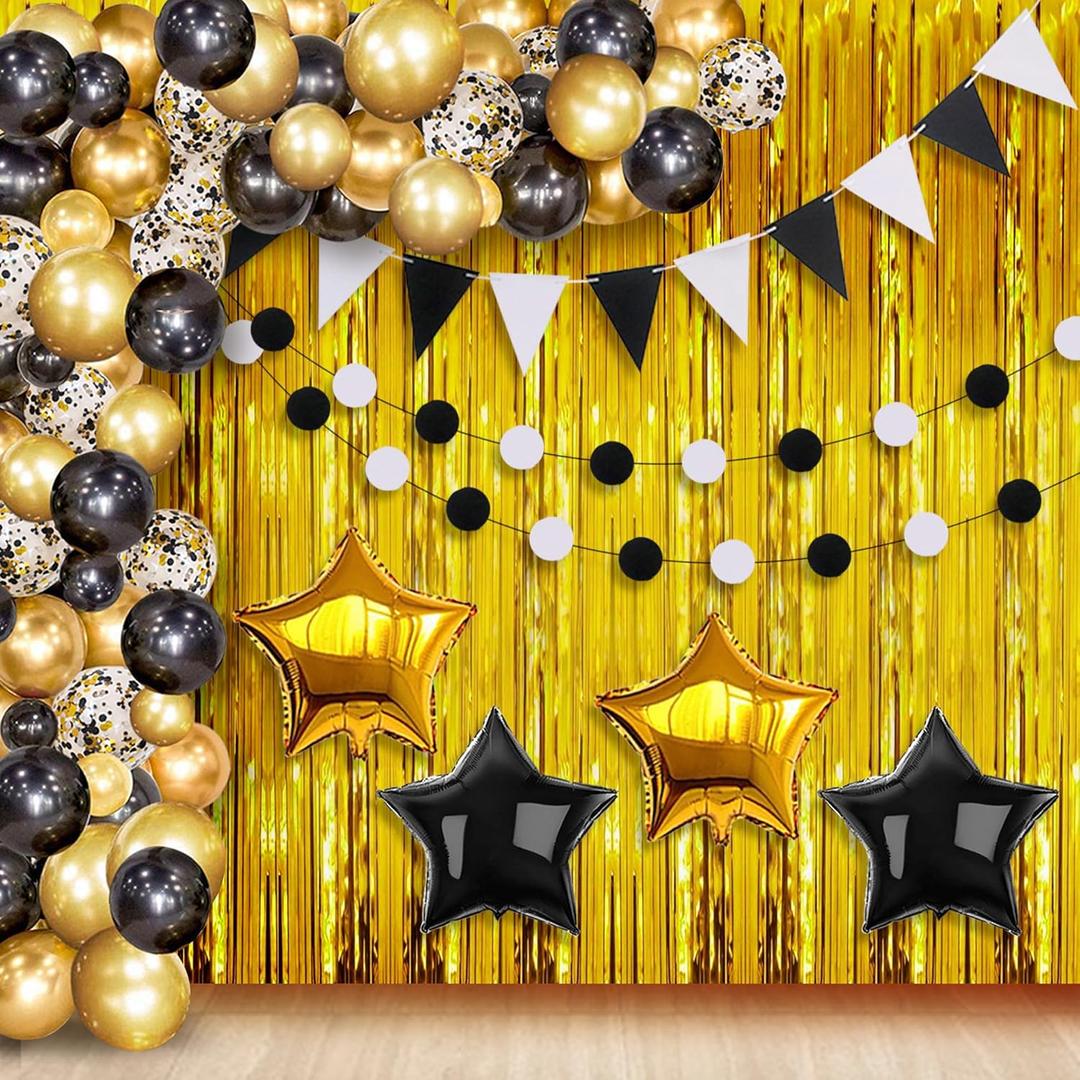KatchOn, Black and Gold Party Decorations Set - Huge, Pack of 89 | Black and Gold Balloon Arch Kit with Gold Fringe Curtain Backdrop | Graduation Decorations 2025, Black and Gold Birthday Decorations