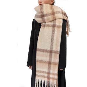Womens Scarf Winter Big Colorful Checked Thick Warm Soft Scarves Casual Tassel Blanket Scarf (Khaki)