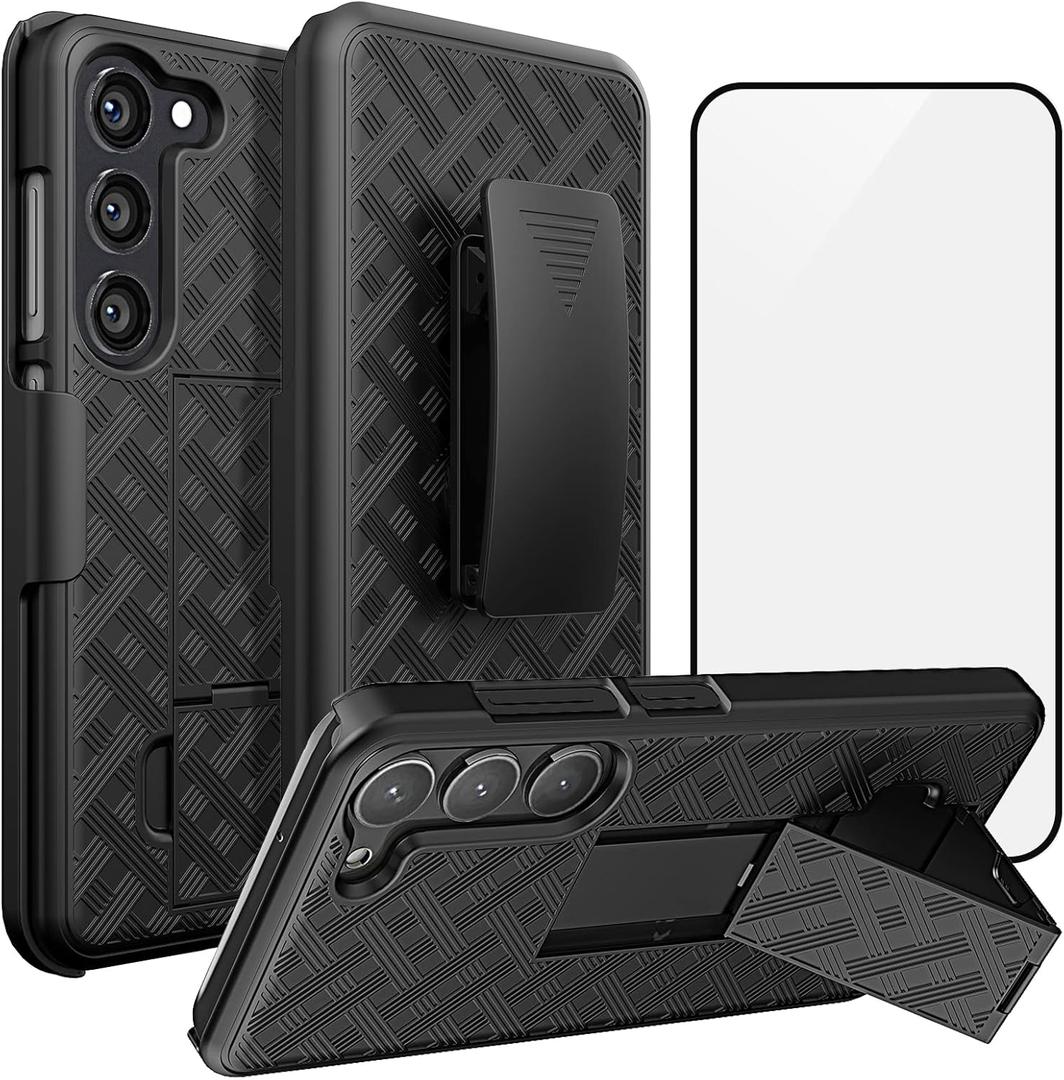 Ailiber for Samsung Galaxy S24 Plus 5G Case with Belt Clip, Galaxy S24 Plus Holster Case with Screen Protector, Kickstand Holder, Slim Shockproof Shell Full Body Cell Phone Case for Samsung S24+-Black
