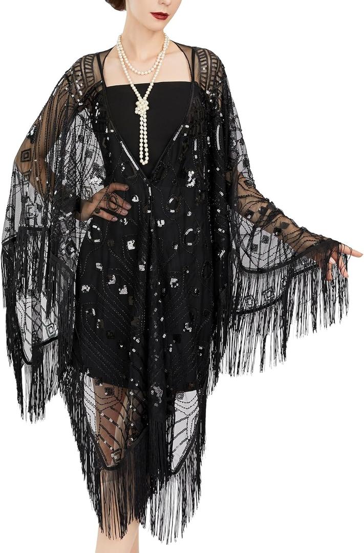 SWEETV Women's 1920s Long Shawl Wraps,Sequin Flapper Evening Shawls for women formal/Party/Wedding/Formal/Harlem night
