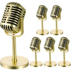 6 Pack Microphone Prop, Plastic Fake Microphone Toy Simulate Speech Practice Prop Vintage Retro Microphones Props Model for Karaoke, Halloween Props, Stage Costume Favors, Birthday Party (Not True)